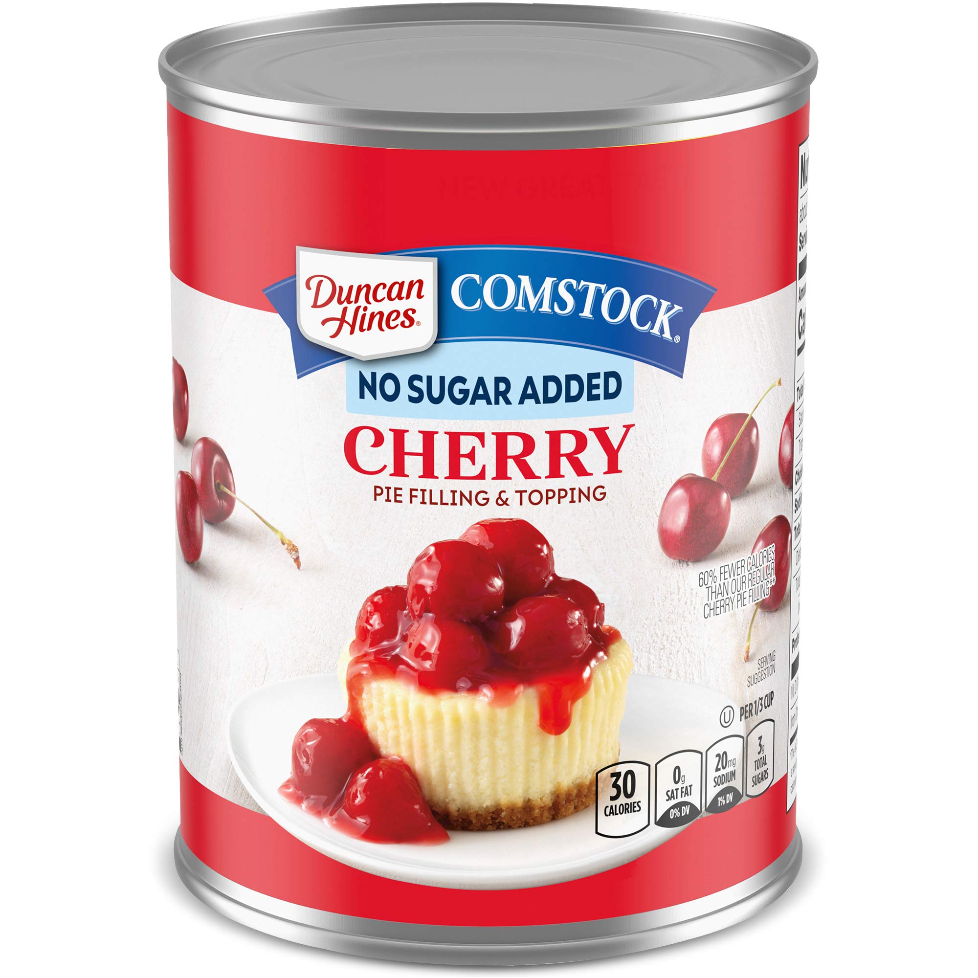 Duncan Hines Comstock cherry pie filling packaging with no sugar added badge