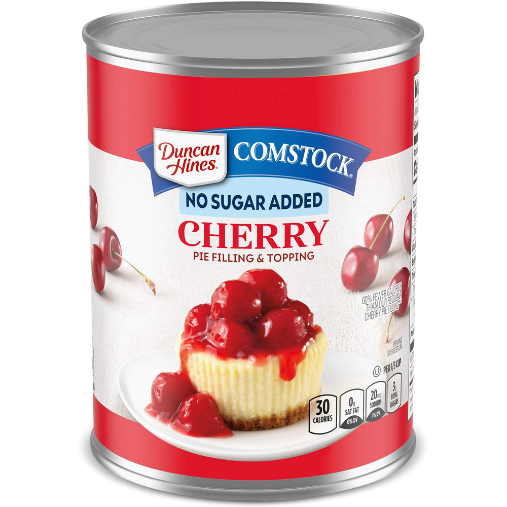 Duncan Hines Comstock cherry pie filling packaging with no sugar added badge