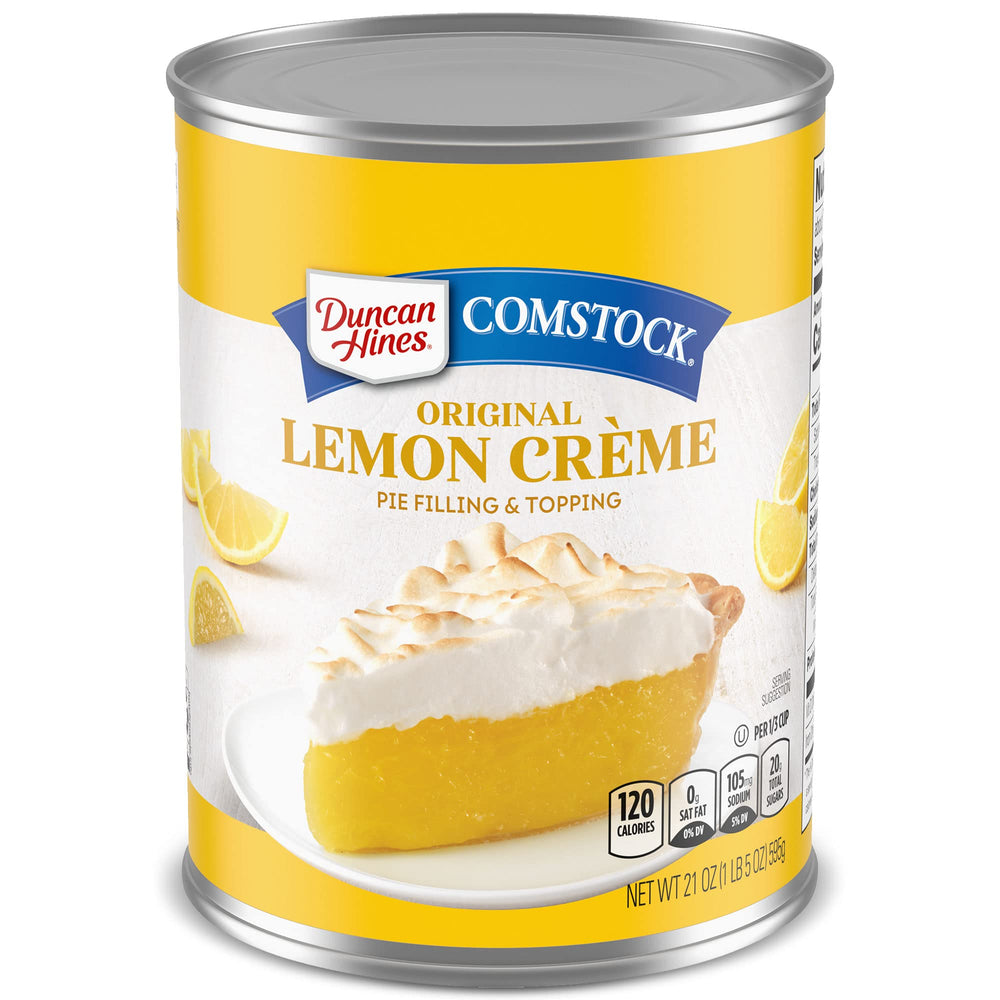 Duncan Hines Comstock Lemon Crème pie filling being poured, ideal for bright lemon pies.