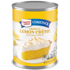 Duncan Hines Comstock Lemon Crème pie filling being poured, ideal for bright lemon pies.