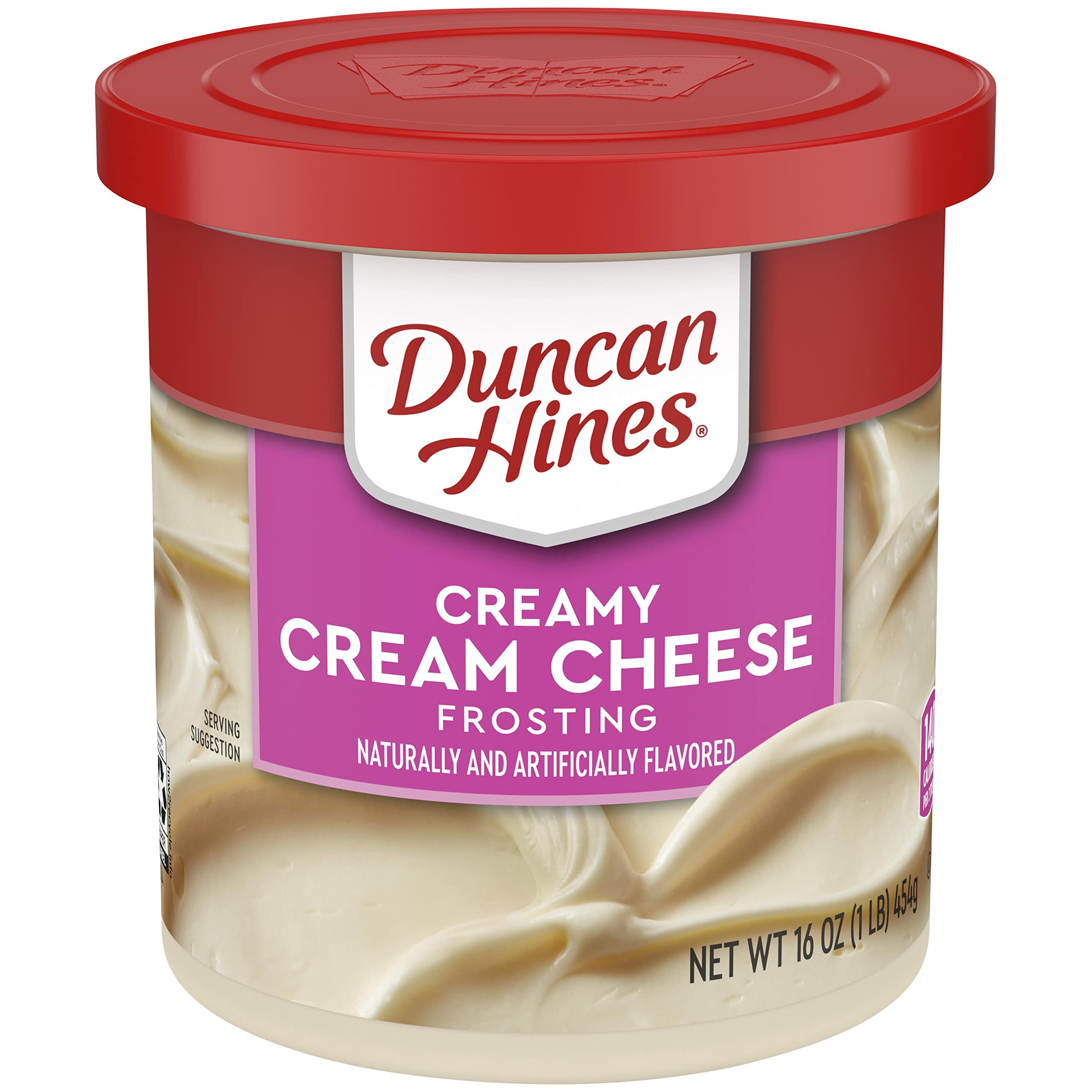 Duncan Hines Creamy Cream Cheese Frosting in a 16 oz can spreads smoothly for cakes.