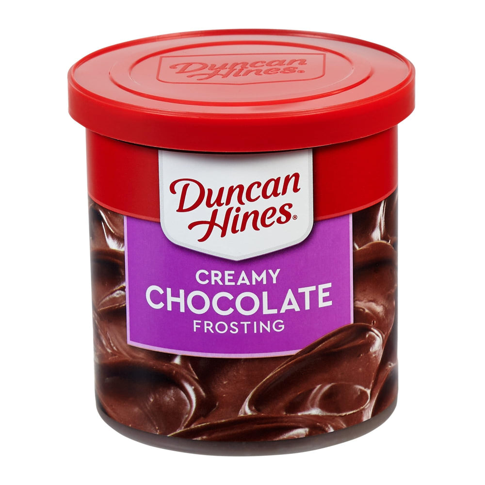 Duncan Hines creamy chocolate frosting in a 16 oz can, ideal for cupcakes and cakes.