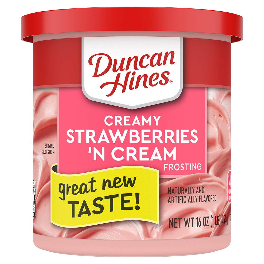 Duncan Hines Creamy Strawberries 'n Cream frosting on a cake layer for celebration.