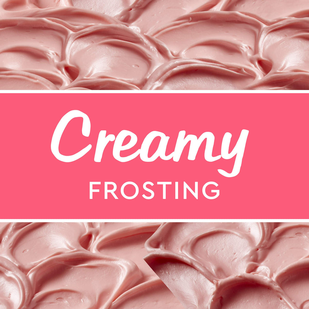 Tray of desserts frosted with Duncan Hines Creamy Strawberries 'n Cream for quick celebrations.