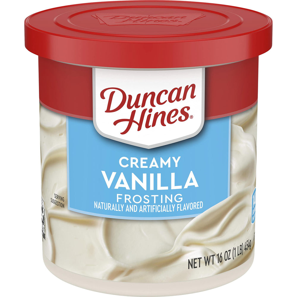 Duncan Hines Creamy Vanilla Frosting 16 oz can ready to spread on desserts.