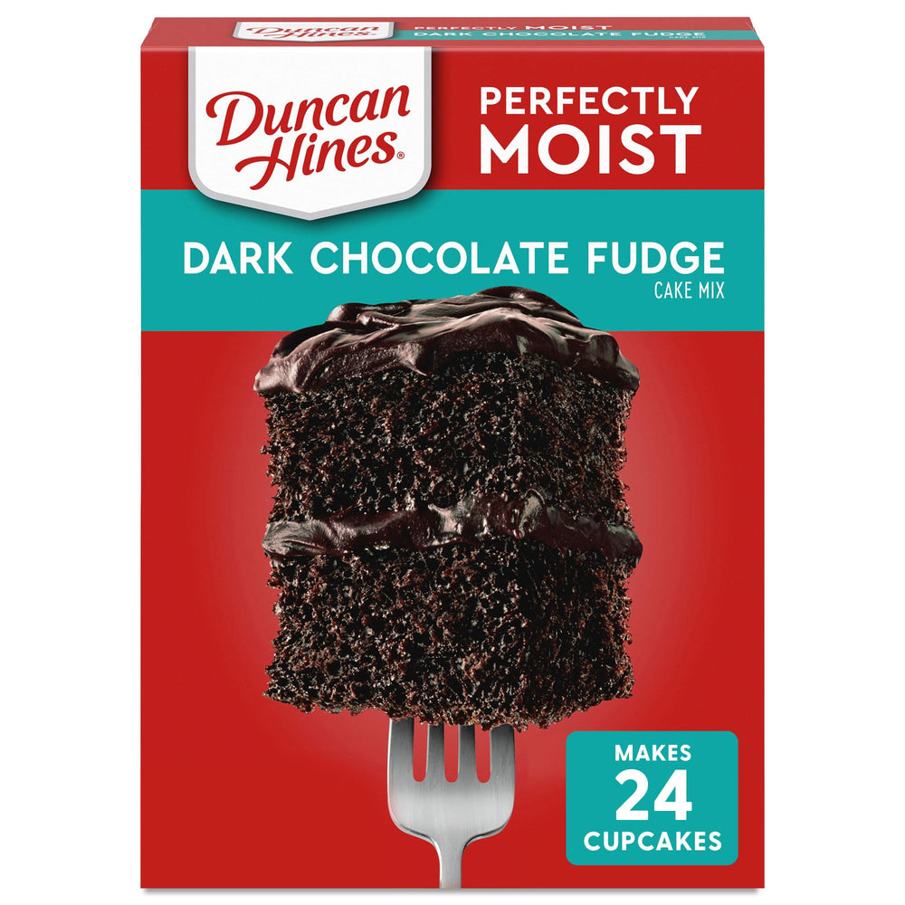 Duncan Hines Dark Chocolate Fudge Cake Mix box front for quick family baking