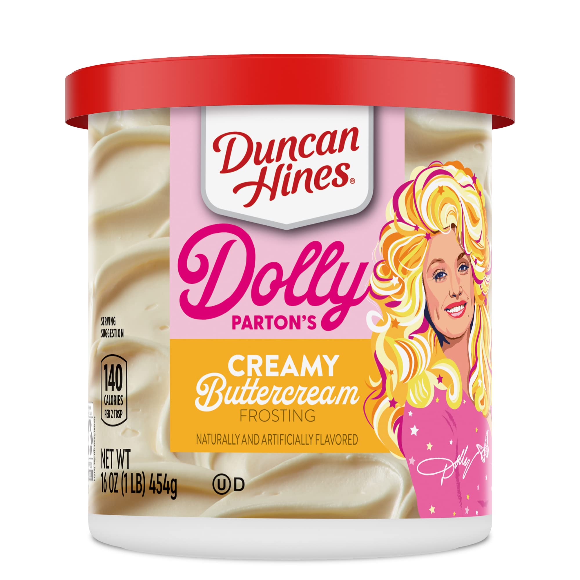 Duncan Hines Dolly Parton buttercream frosting can showing silky spreadability for cakes