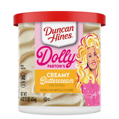 Duncan Hines Dolly Parton buttercream frosting can showing silky spreadability for cakes