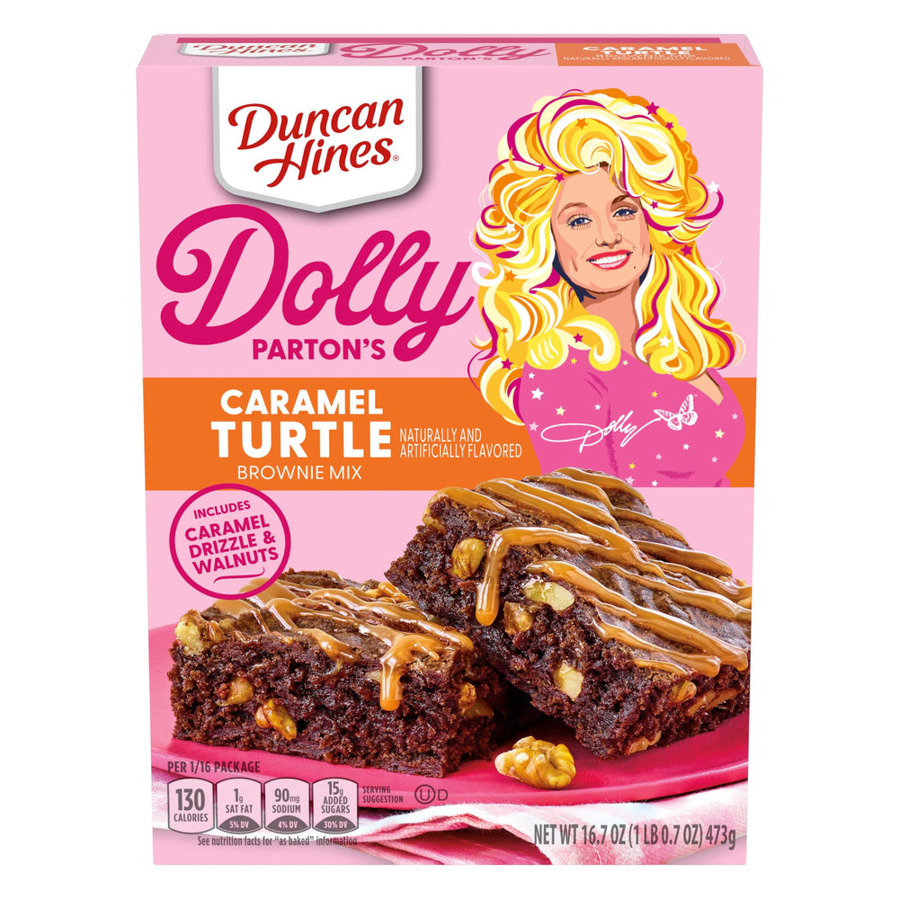Duncan Hines Dolly Parton caramel turtle brownie box ready to bake for quick desserts