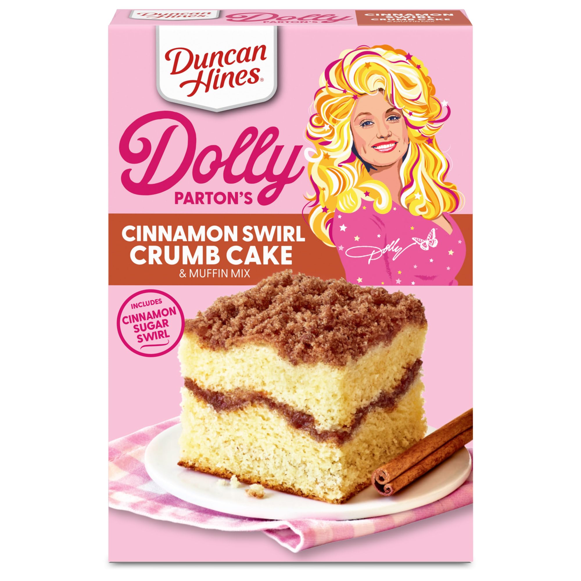Duncan Hines Dolly Parton Cinnamon Swirl Crumb Cake box for a cozy bake