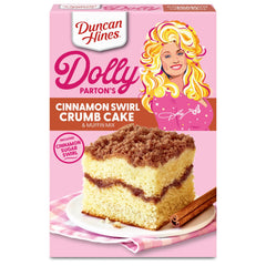 Duncan Hines Dolly Parton Cinnamon Swirl Crumb Cake box for a cozy bake
