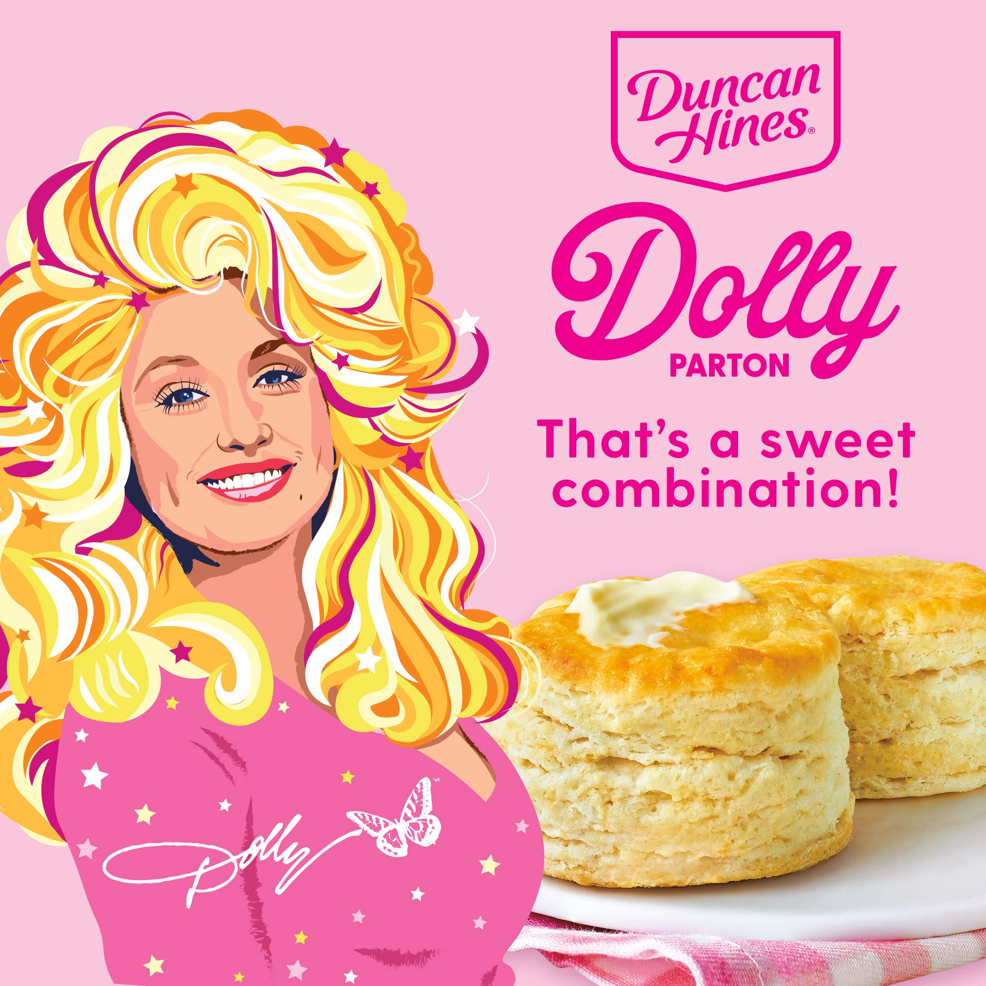 Duncan Hines Dolly Parton's Biscuit Mix pouring batter into a pan.