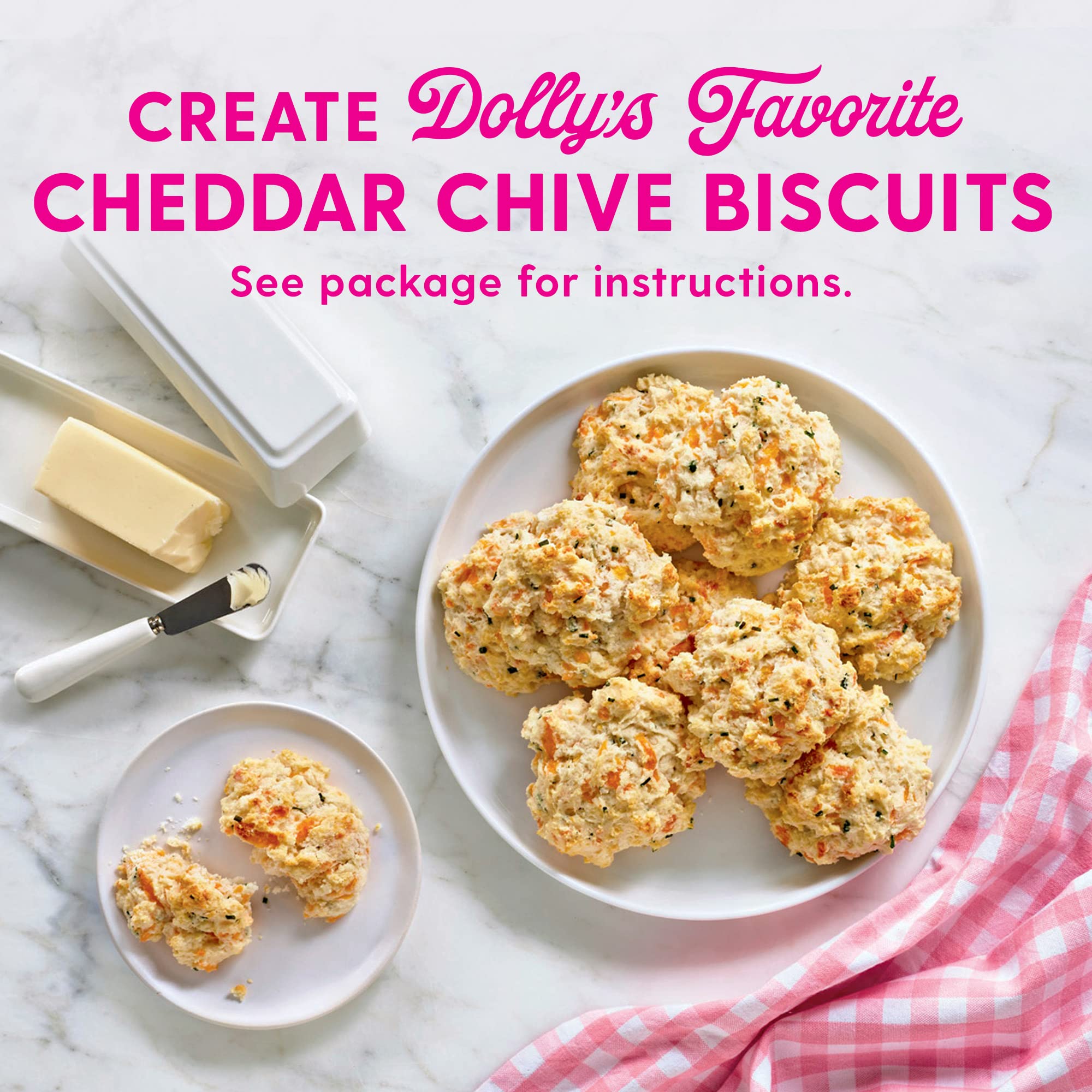 Duncan Hines Dolly Parton's Biscuit Mix recipe box highlights cheddar chive option.