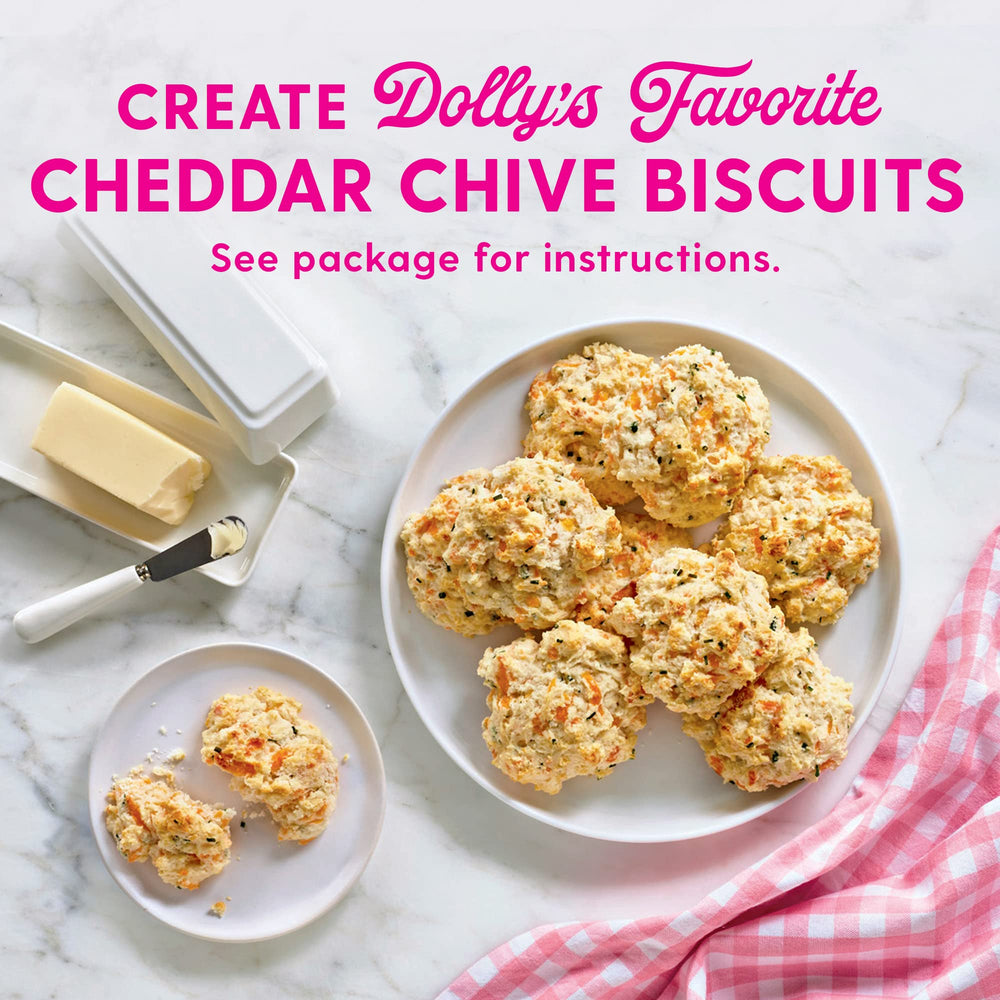 Duncan Hines Dolly Parton's Biscuit Mix recipe box highlights cheddar chive option.