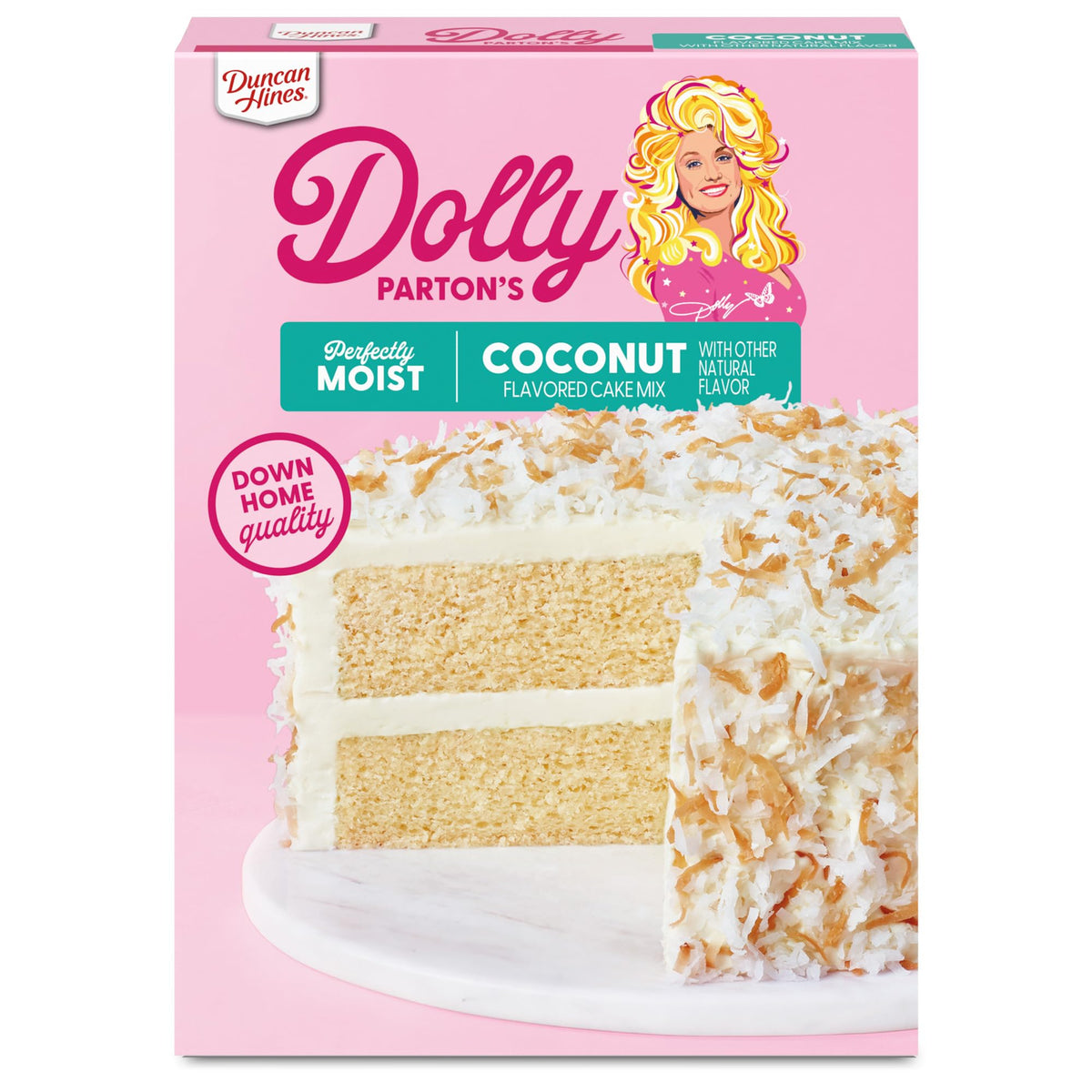 Duncan Hines Dolly Parton's Coconut Cake Mix box front, perfect for quick celebrations