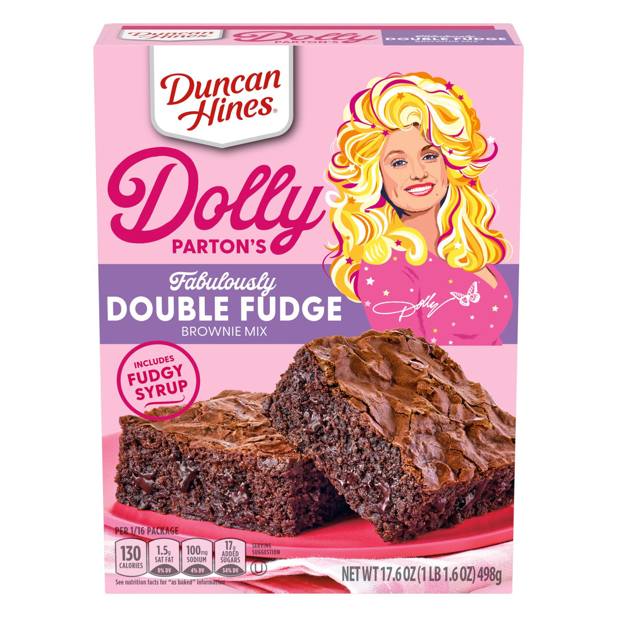 Duncan Hines Dolly Parton Fabulously Double Fudge brownie mix box for quick, fudgy desserts.