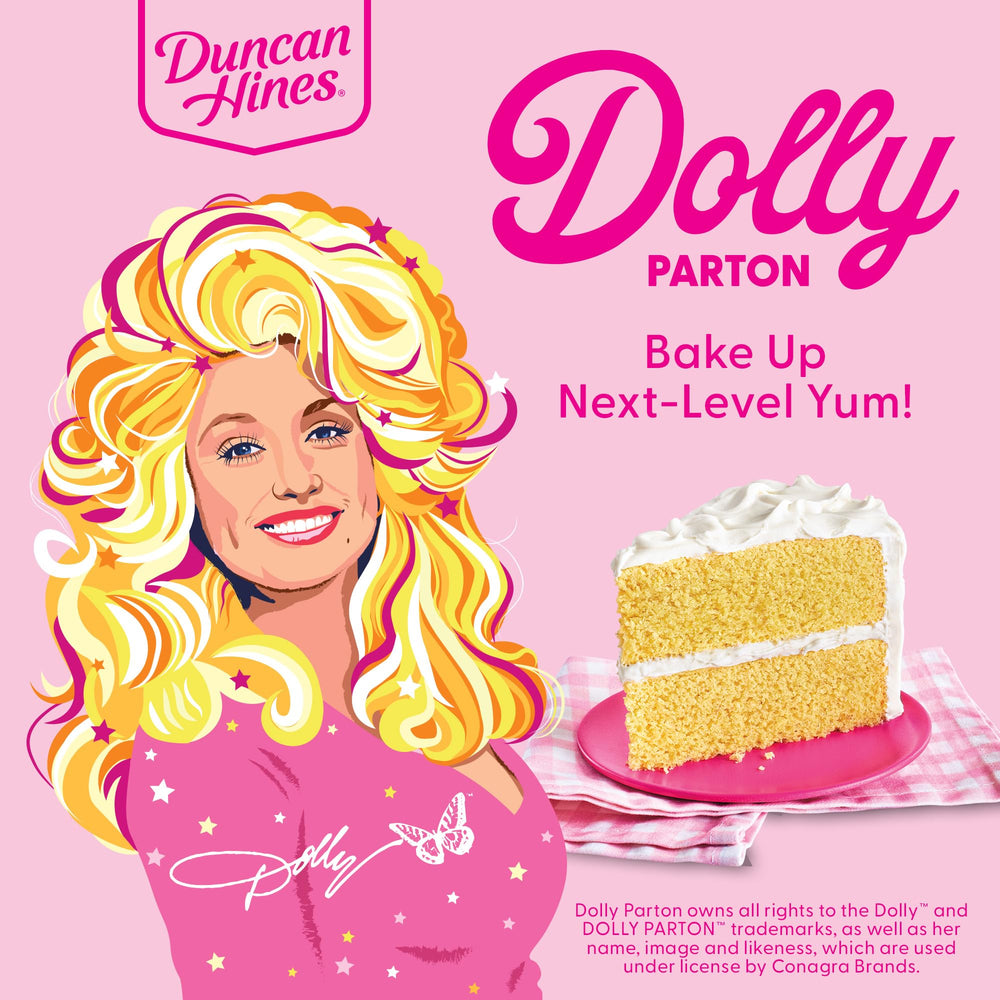 Duncan Hines Dolly Partie's Banana Cake Recipe Card invites tasty topping ideas for celebrations.