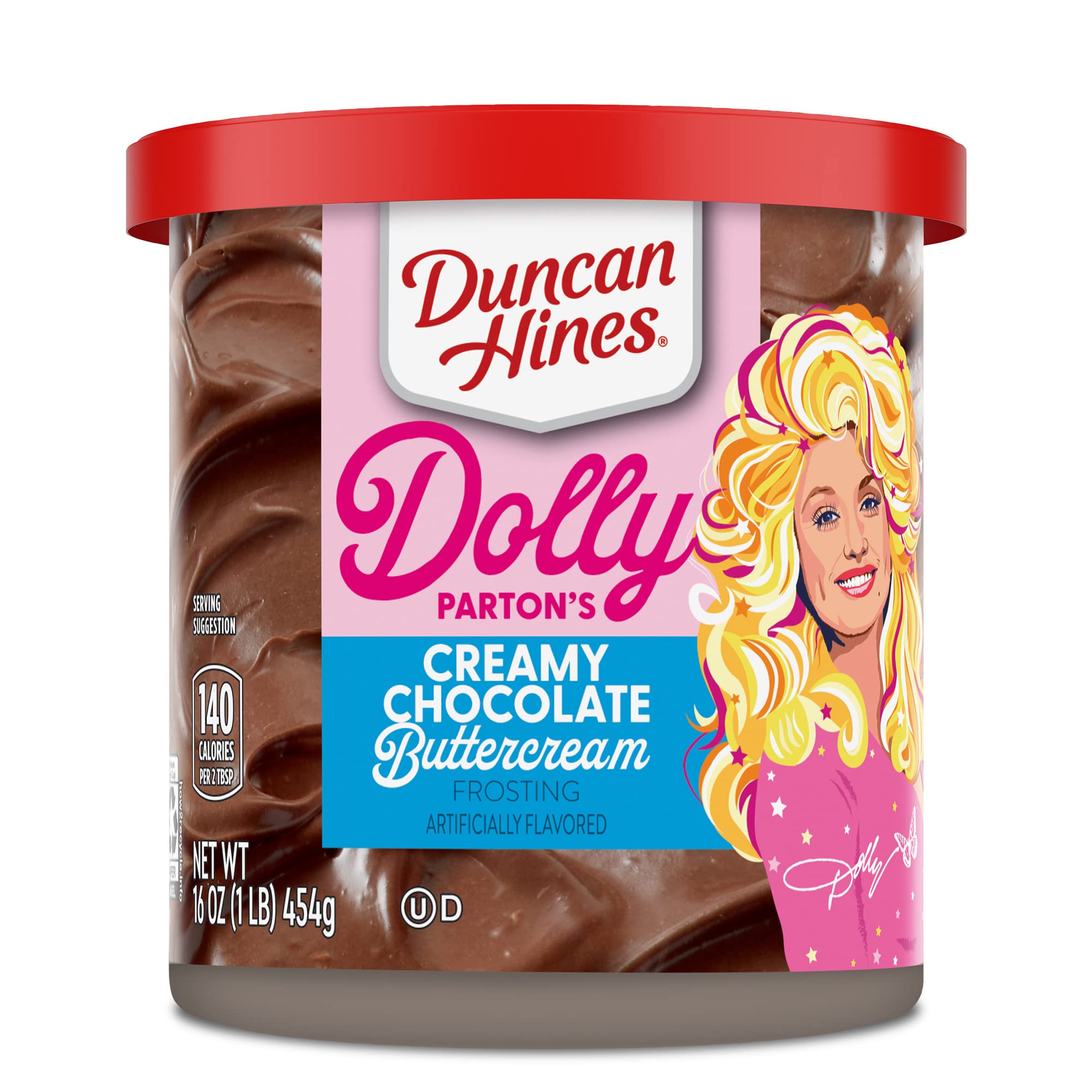 Duncan Hines Dolly Parton frosting can ready for topping.
