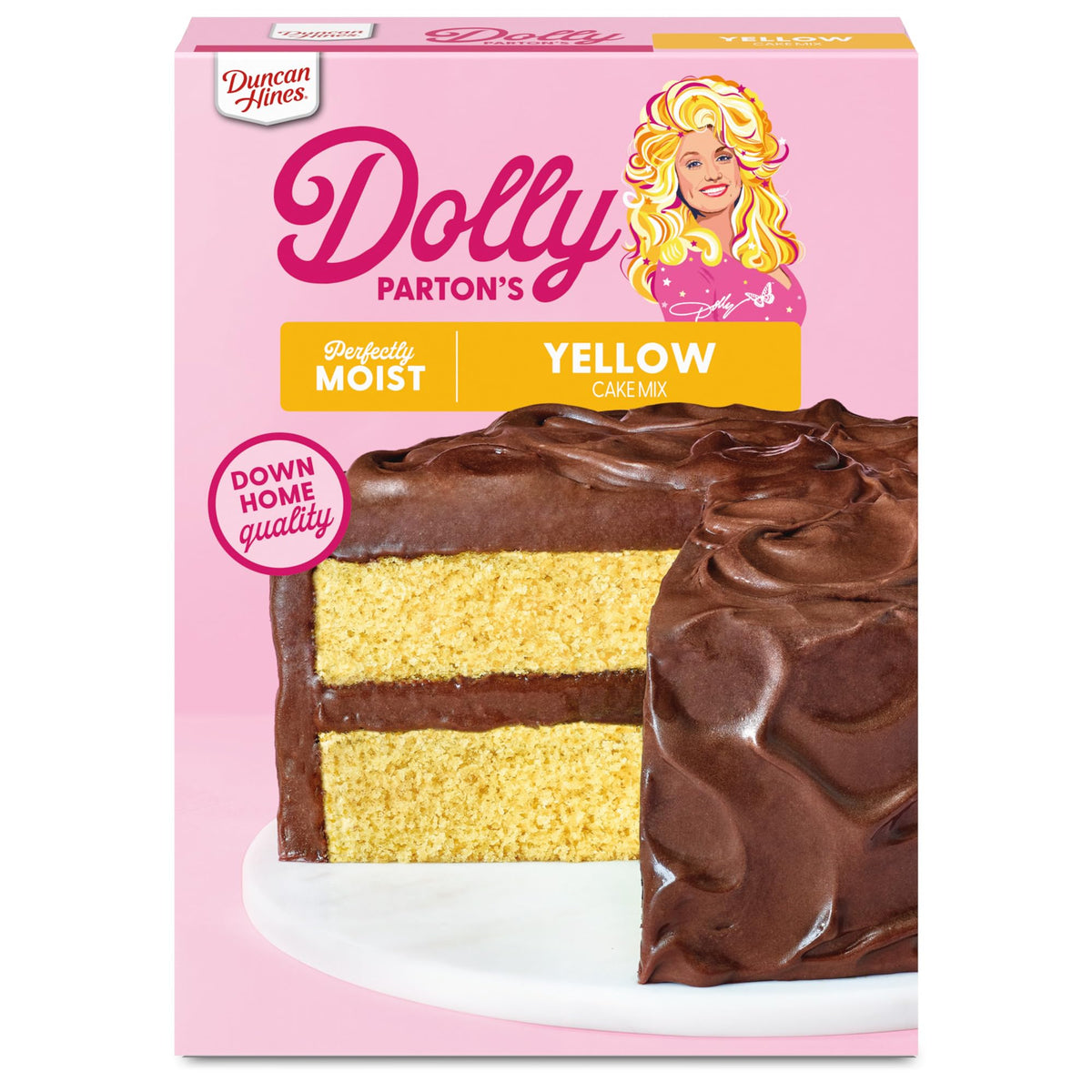 Duncan Hines Dolly Parton's Yellow Cake Mix box on kitchen counter, moist cake potential for celebrations.