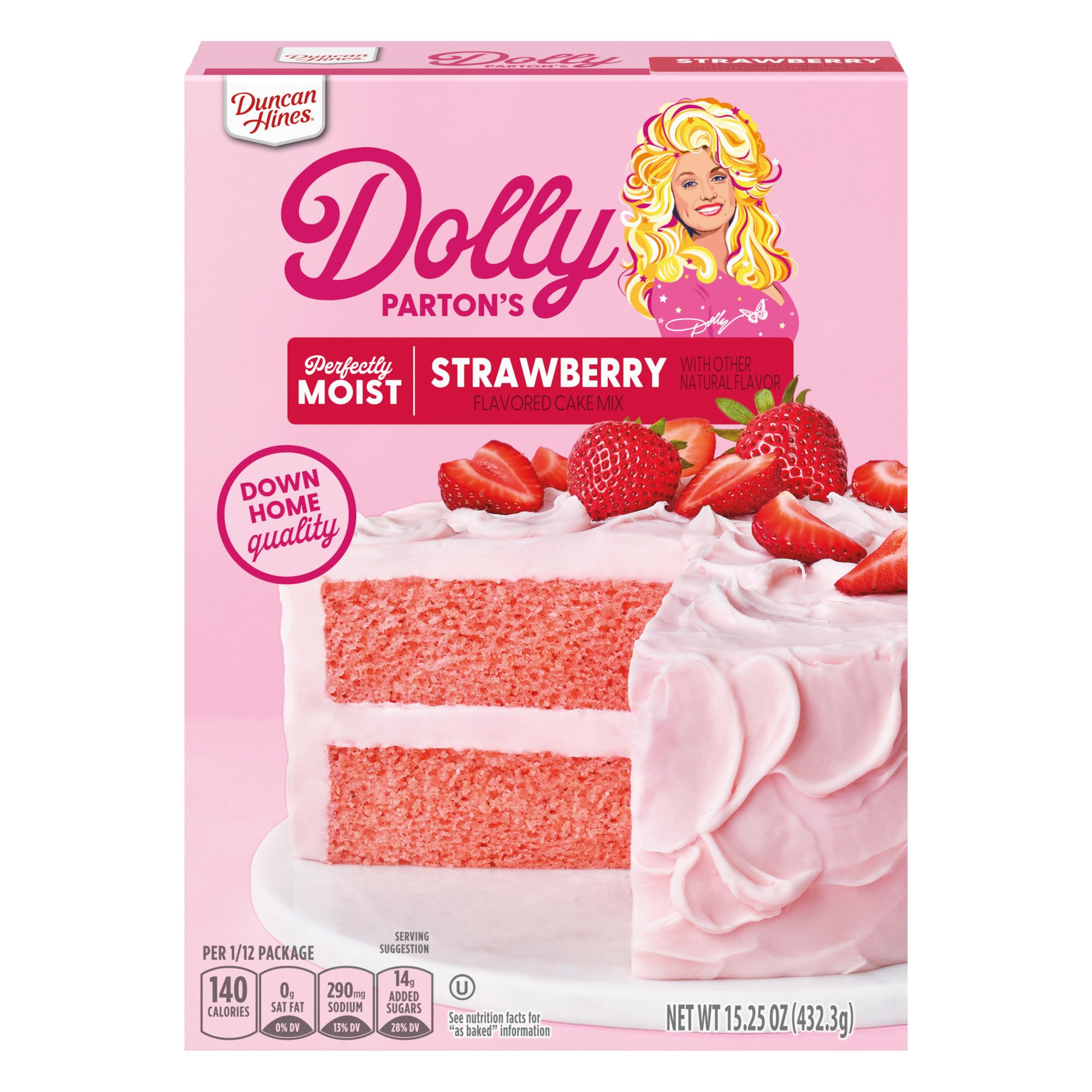 Duncan Hines Dolly Parton strawberry cake mix box front for Easter baking delight