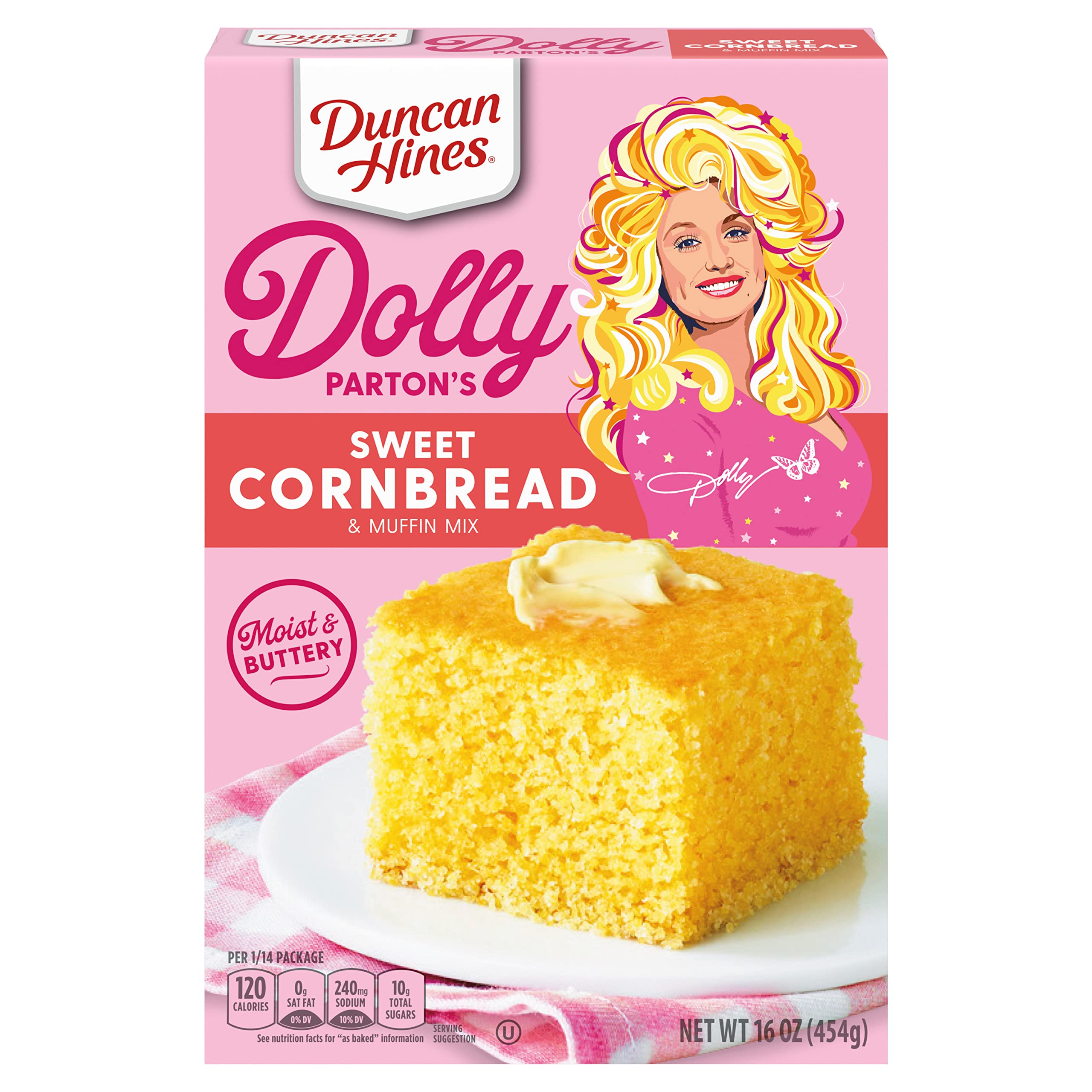 Duncan Hines Dolly Parton's Sweet Cornbread & Muffin Mix box front, ideal for quick Easter sides.