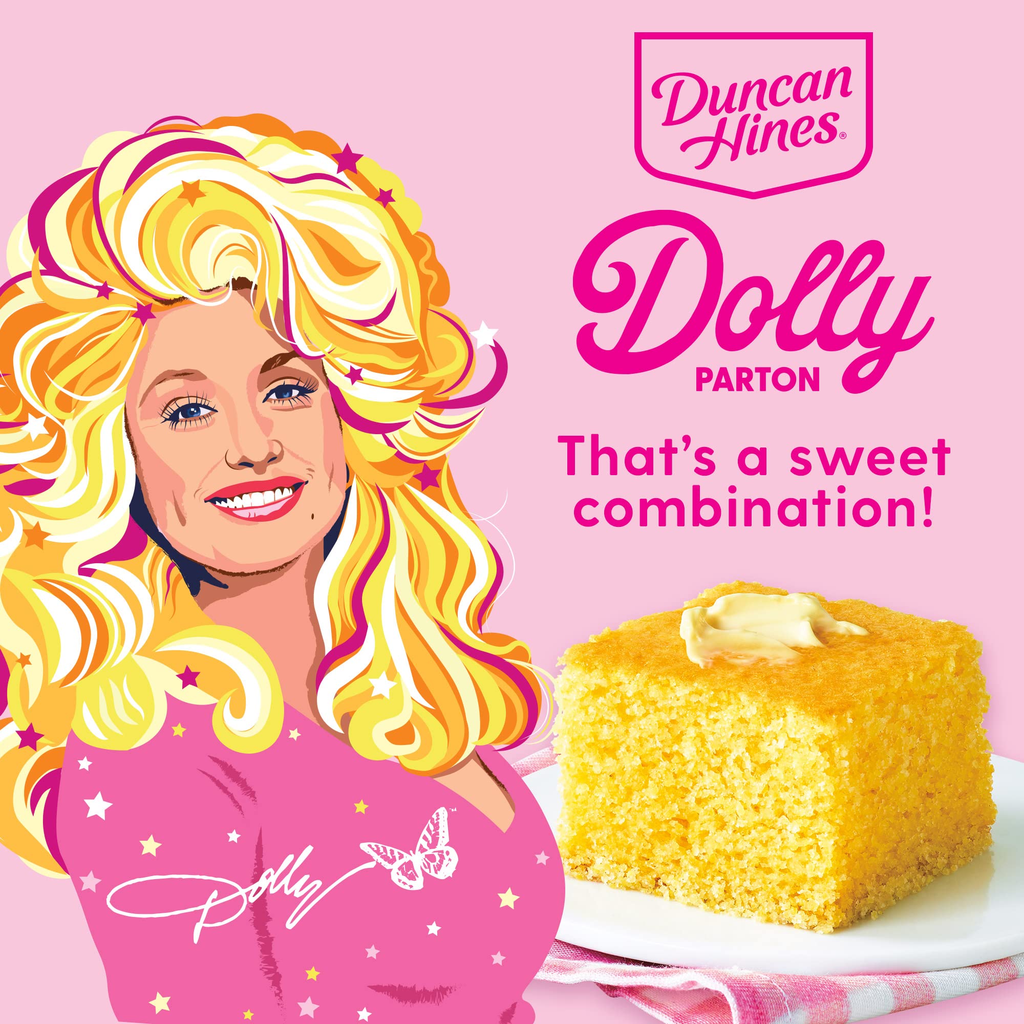 Duncan Hines Dolly Parton's Sweet Cornbread & Muffin Mix box, buttery batter ready to bake.