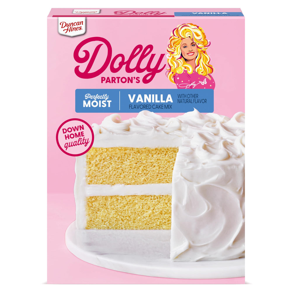 Duncan Hines Dolly Parton Vanilla Cake Mix box front ideal for quick Easter treats