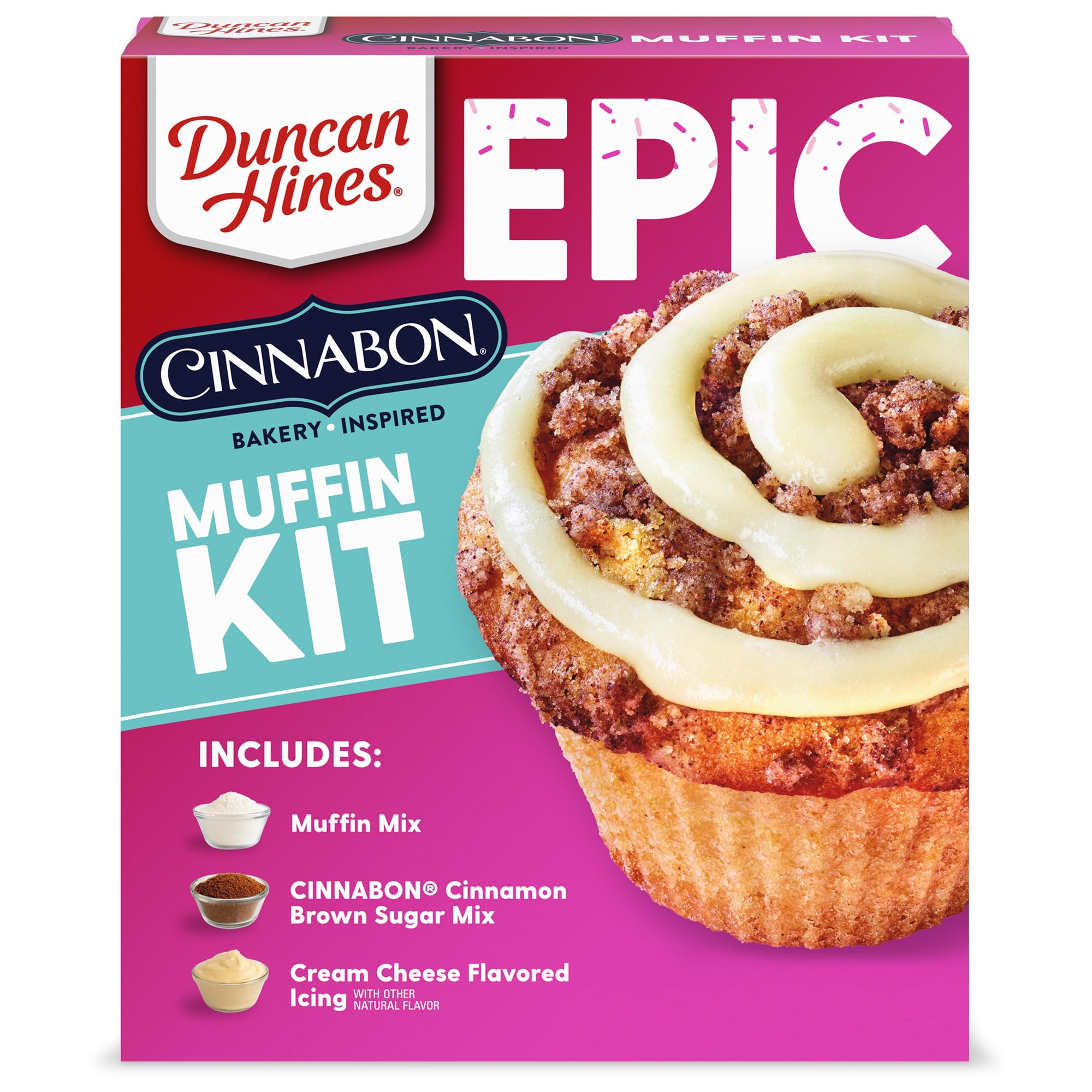 Duncan Hines Epic Cinnabon Muffin Kit packaging shows convenient all-in-one baking solution.
