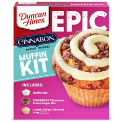Duncan Hines Epic Cinnabon Muffin Kit packaging shows convenient all-in-one baking solution.
