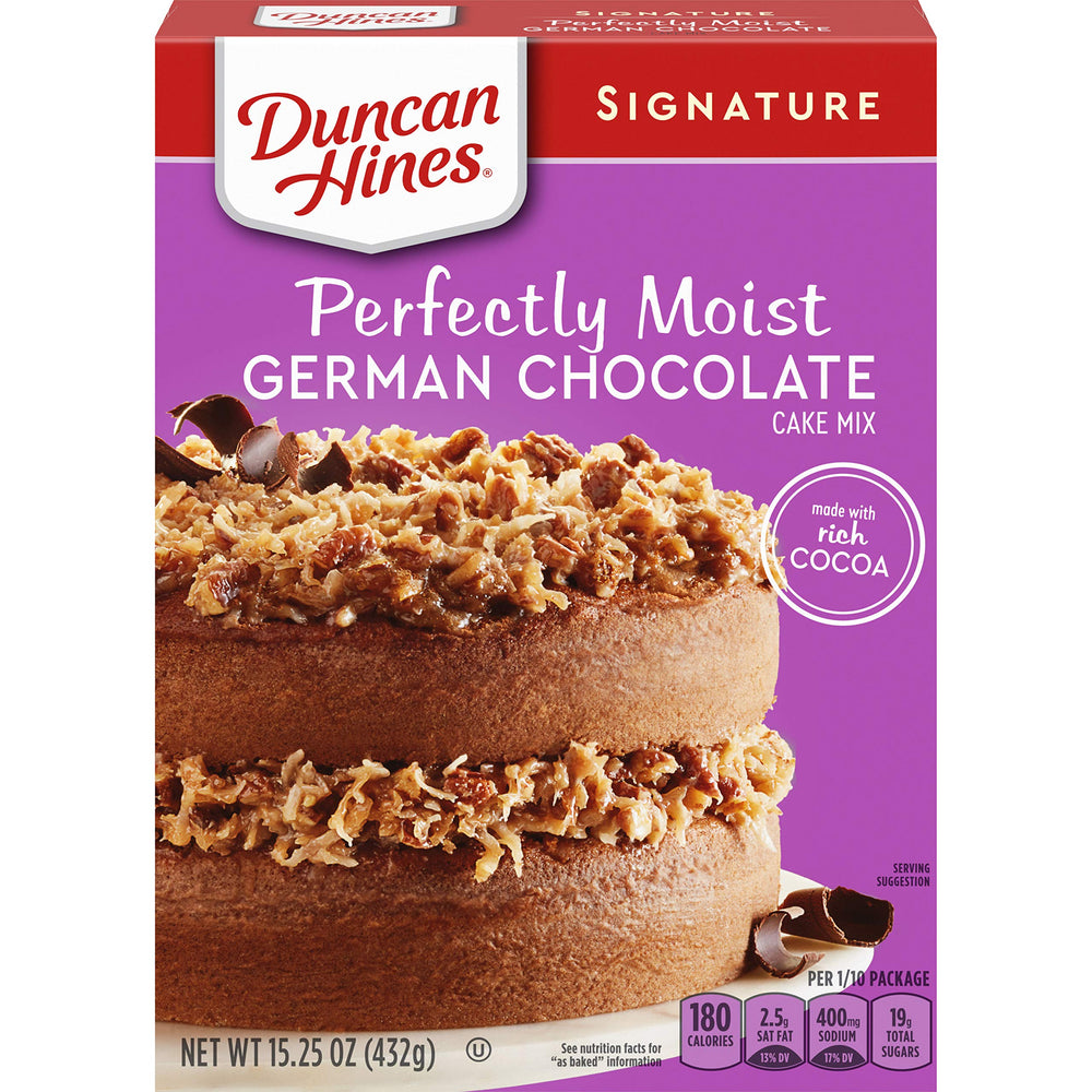 Duncan Hines German Chocolate Cake Mix front box showing rich cocoa flavor