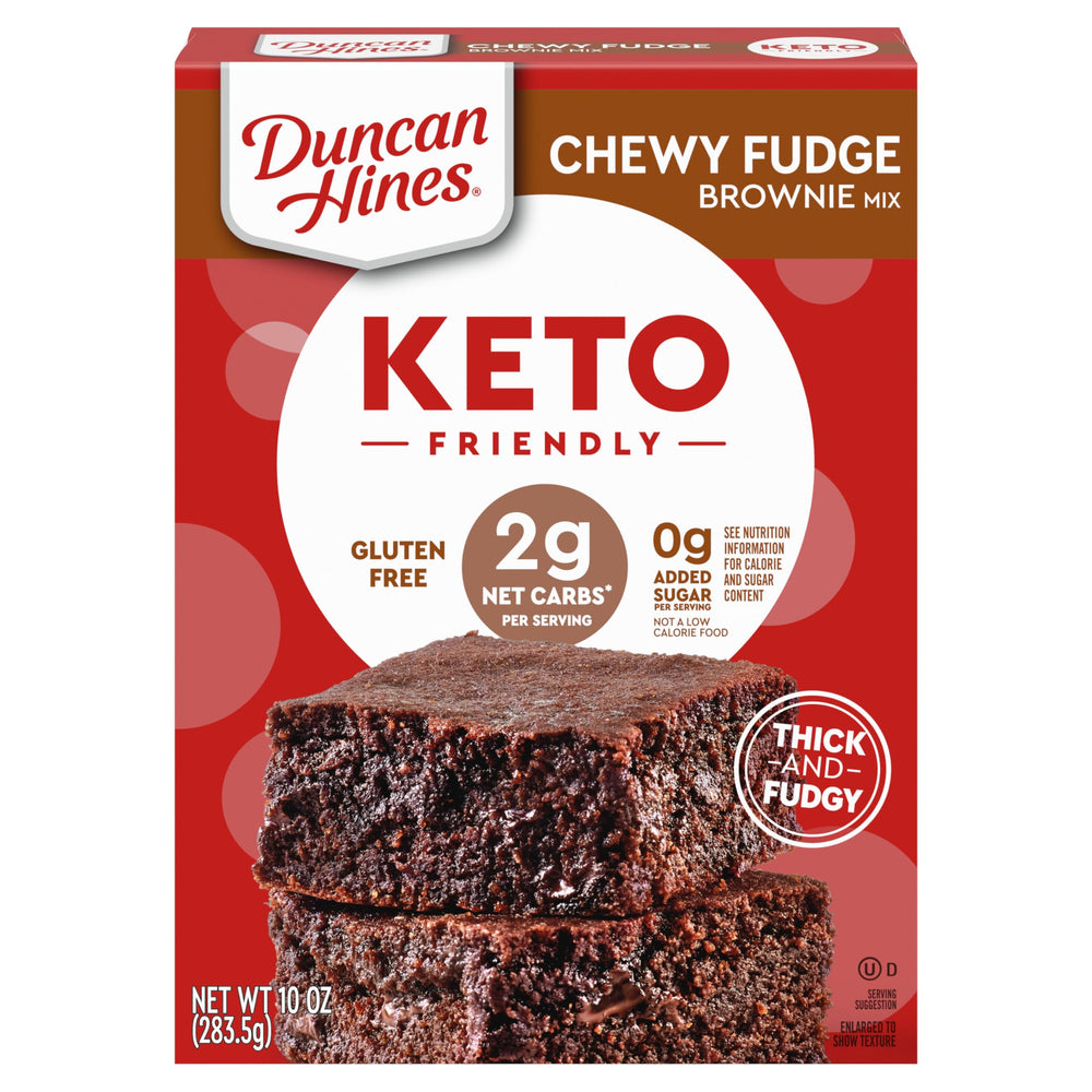 Duncan Hines keto-friendly brownie mix box highlighting zero added sugar indulgence.