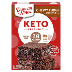 Duncan Hines keto-friendly brownie mix box highlighting zero added sugar indulgence.