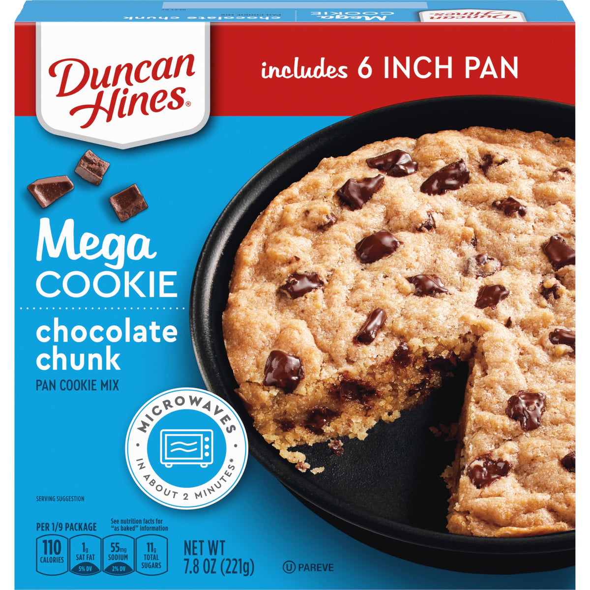 Duncan Hines MEGA Cookie chocolate chunk pan cookie in pan for quick family dessert