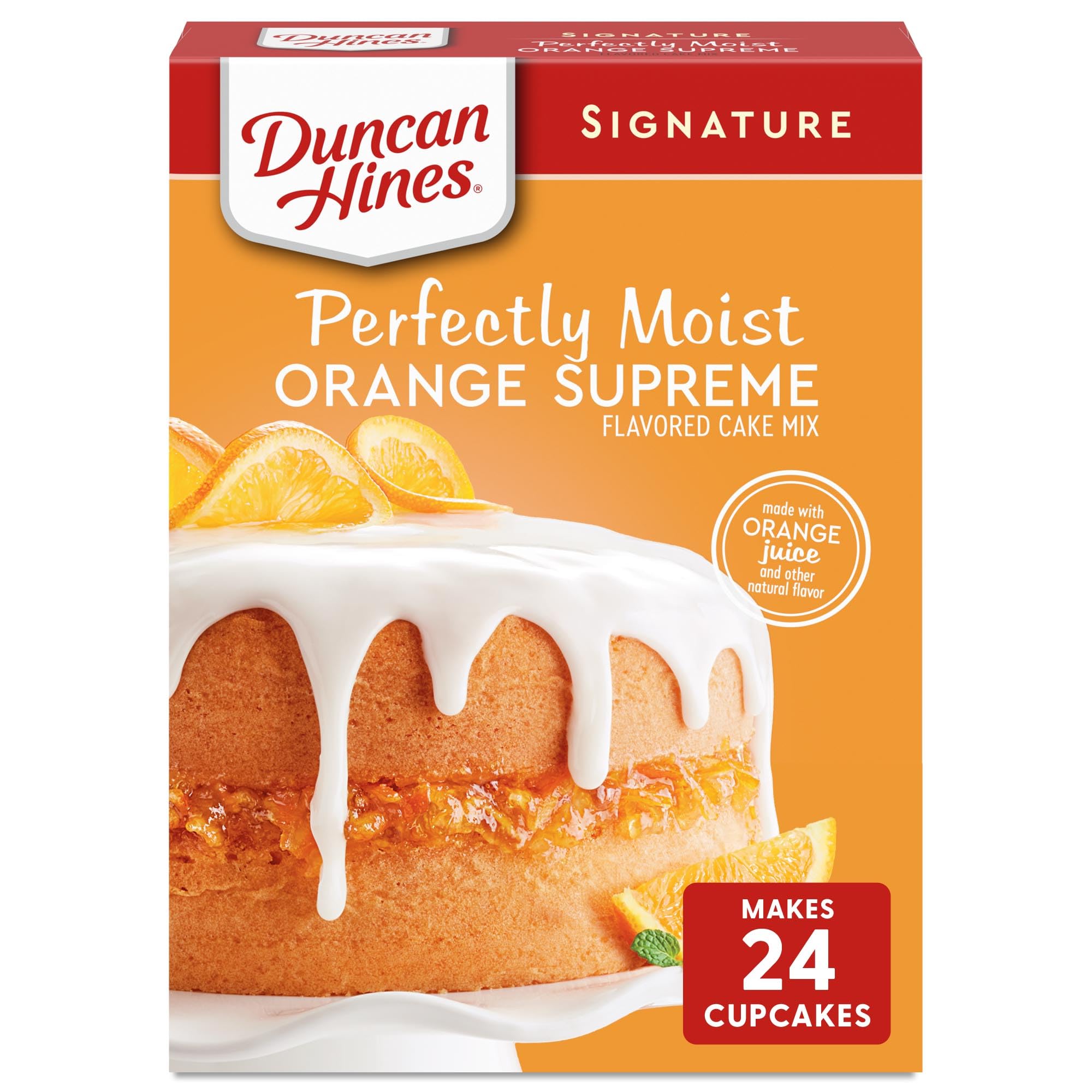 Duncan Hines Orange Supreme Cake Mix box showcases convenient 15.25 oz packaging for baking.