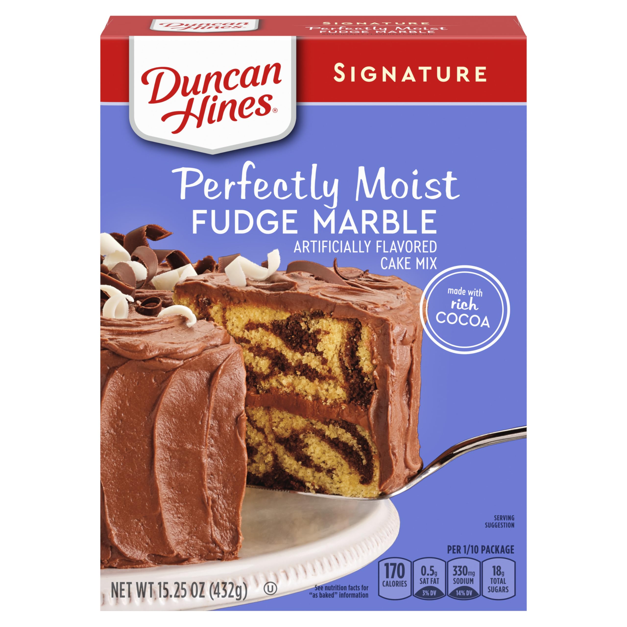 Duncan Hines Signature Fudge Marble Cake Mix box on a kitchen counter for quick baking