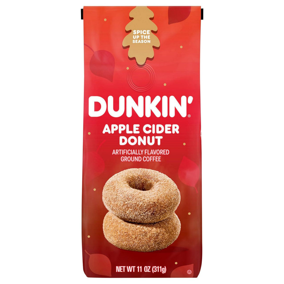 Dunkin Apple Cider Donut Ground Coffee 11 Ounce bag on a kitchen counter, ideal for cozy autumn mornings.