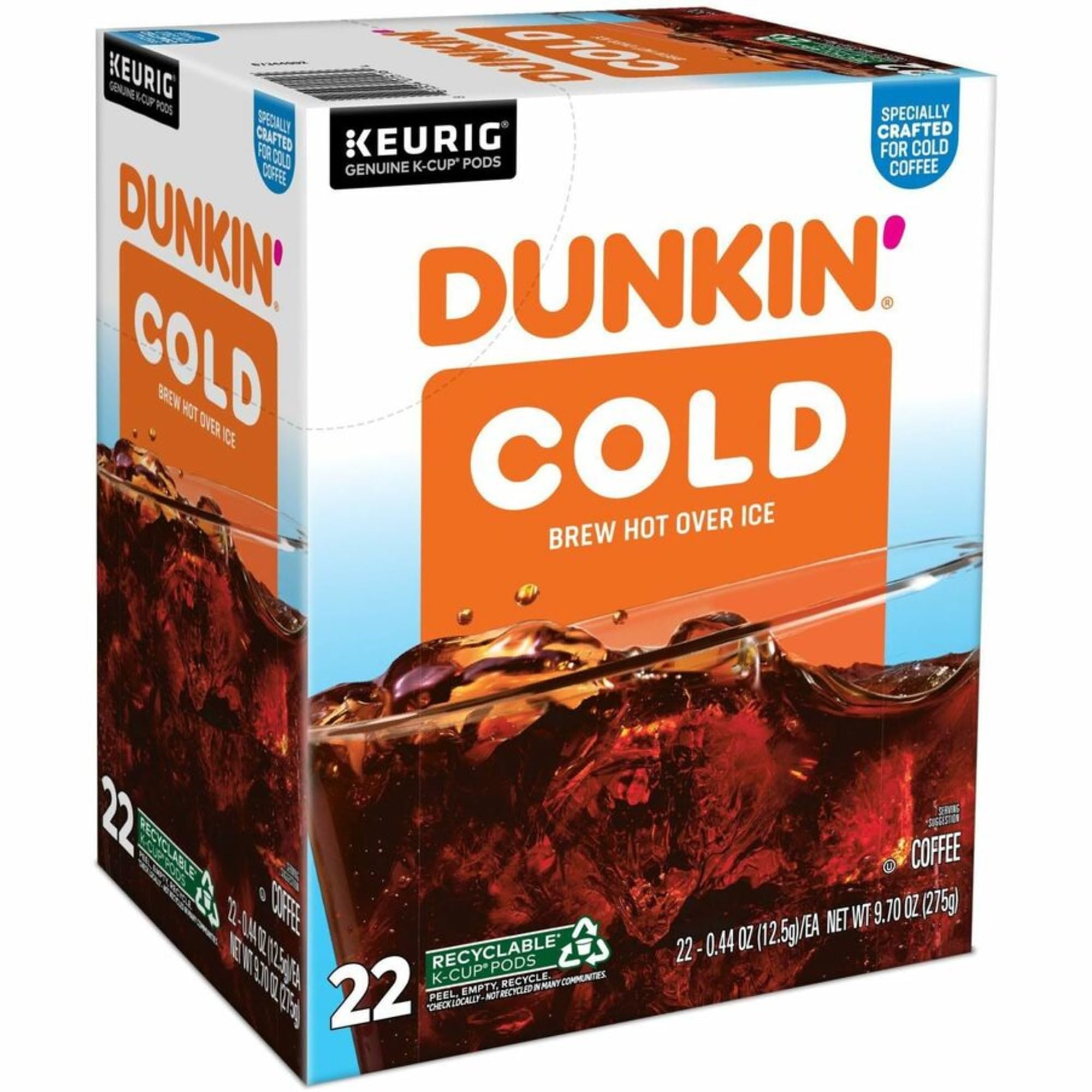 Dunkin Brew K-Cup Over Ice 22-count box shown on packaging