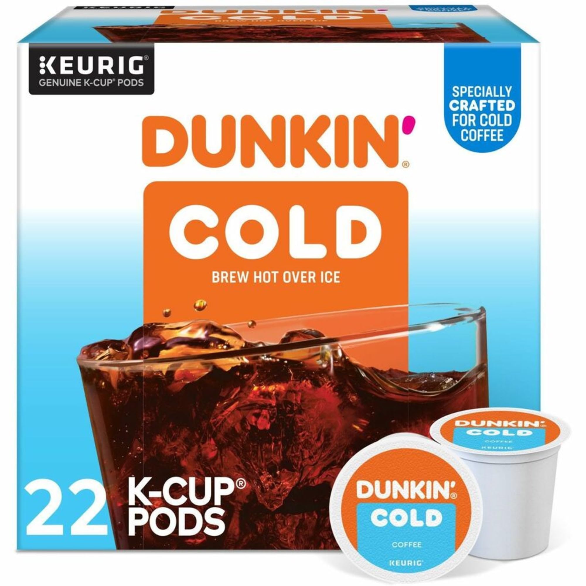 Dunkin Brew K-Cup Over Ice 22-count box front for easy iced coffee