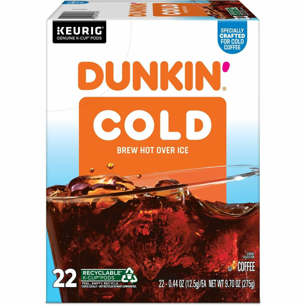 Dunkin Brew K-Cup pod close-up highlighting 100 percent Arabica for smooth iced coffee