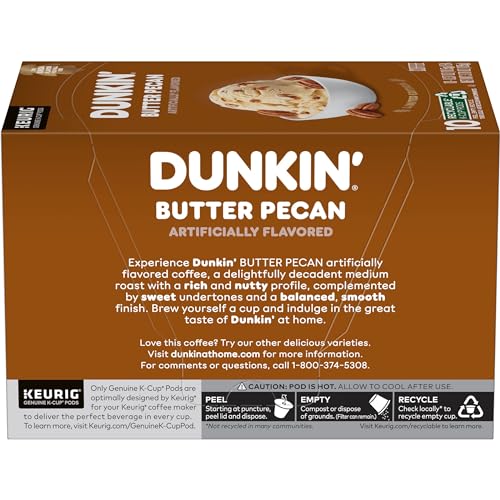 Dunkin' Butter Pecan packaging emphasizing vanilla, pecan, and cinnamon notes.