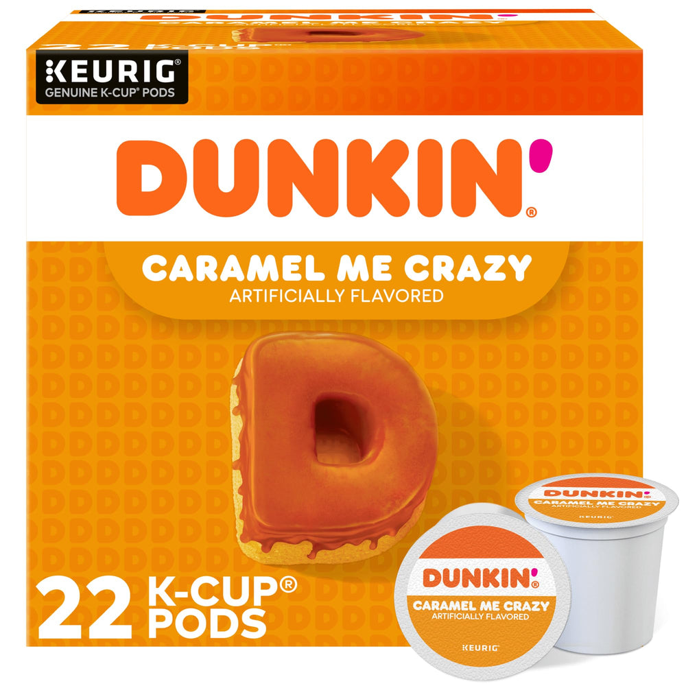 Dunkin Caramel Coffee Cake pods on front packaging for quick flavor access