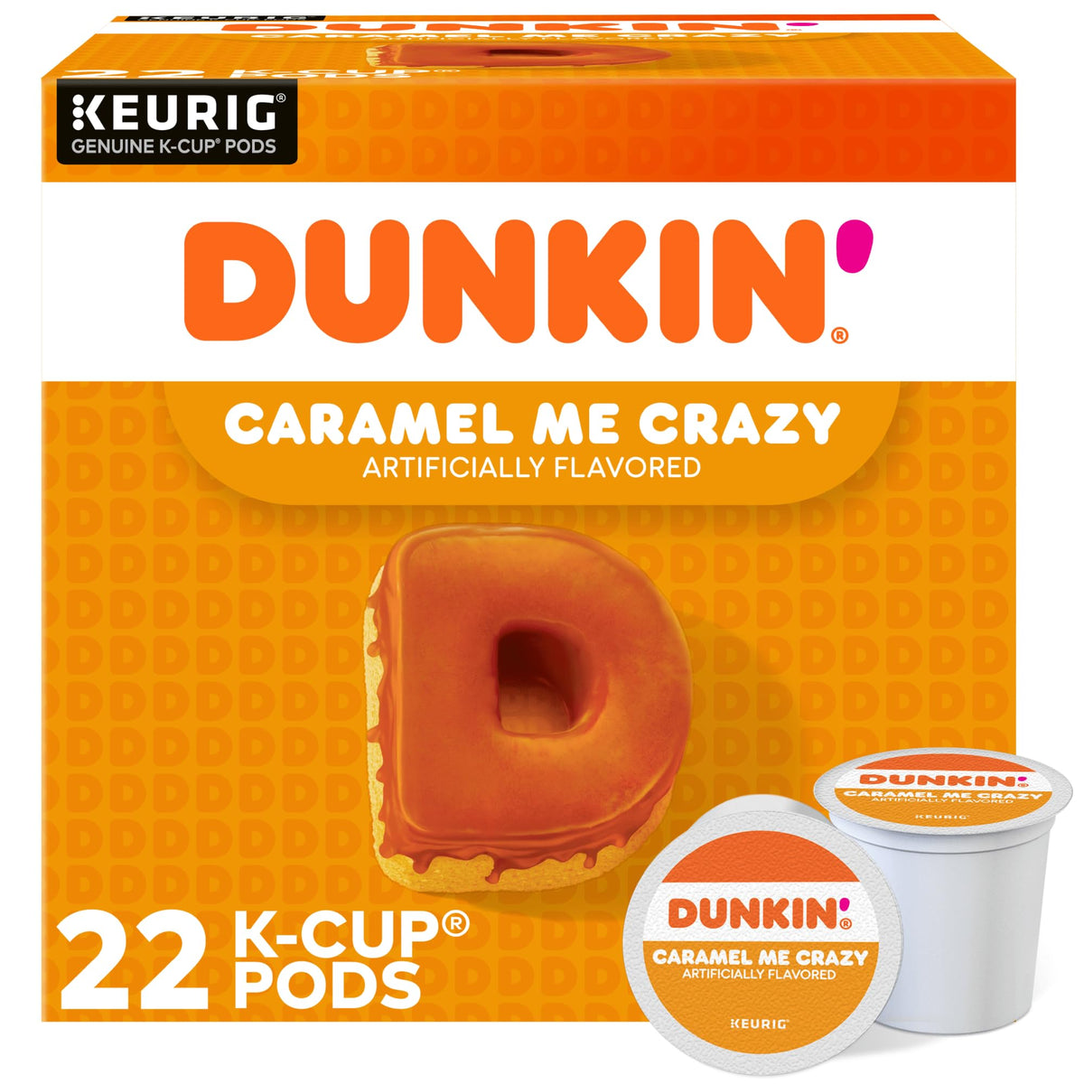 Dunkin Caramel Coffee Cake pods on front packaging for quick flavor access