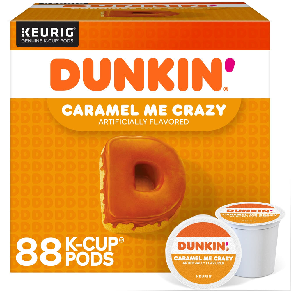 Dunkin Caramel Me Crazy K-Cup pods 88-count box for quick, convenient mornings.