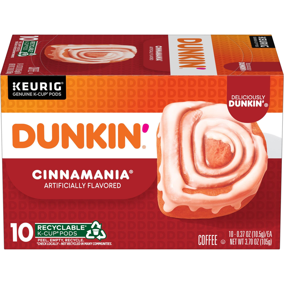 Dunkin Cinnamania k-cup boxes on shelf, ideal for quick home brewing.
