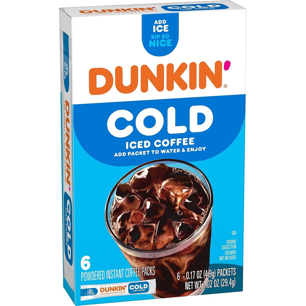 Individual Dunkin Cold Coffee Packet illustrates easy, single-serve prep.