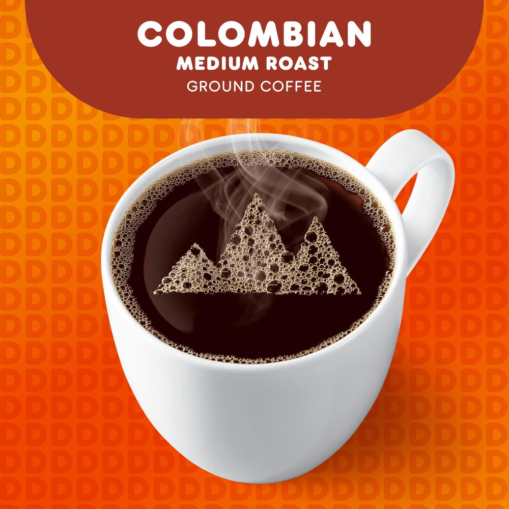 Dunkin Colombian ground coffee package on pantry shelf
