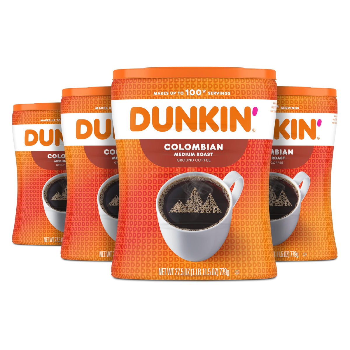 Dunkin Colombian medium roast coffee canisters in a four-pack, ready for home brewing