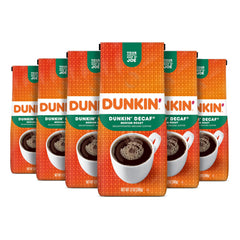 Dunkin Decaf ground coffee six-pack, front view, ideal for caffeine-free mornings.