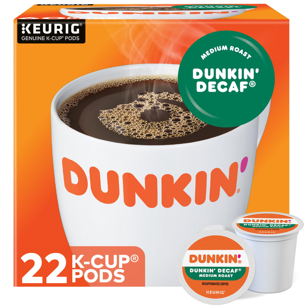 Dunkin' Donuts Decaf K-Cup carton front view for Keurig brewers.