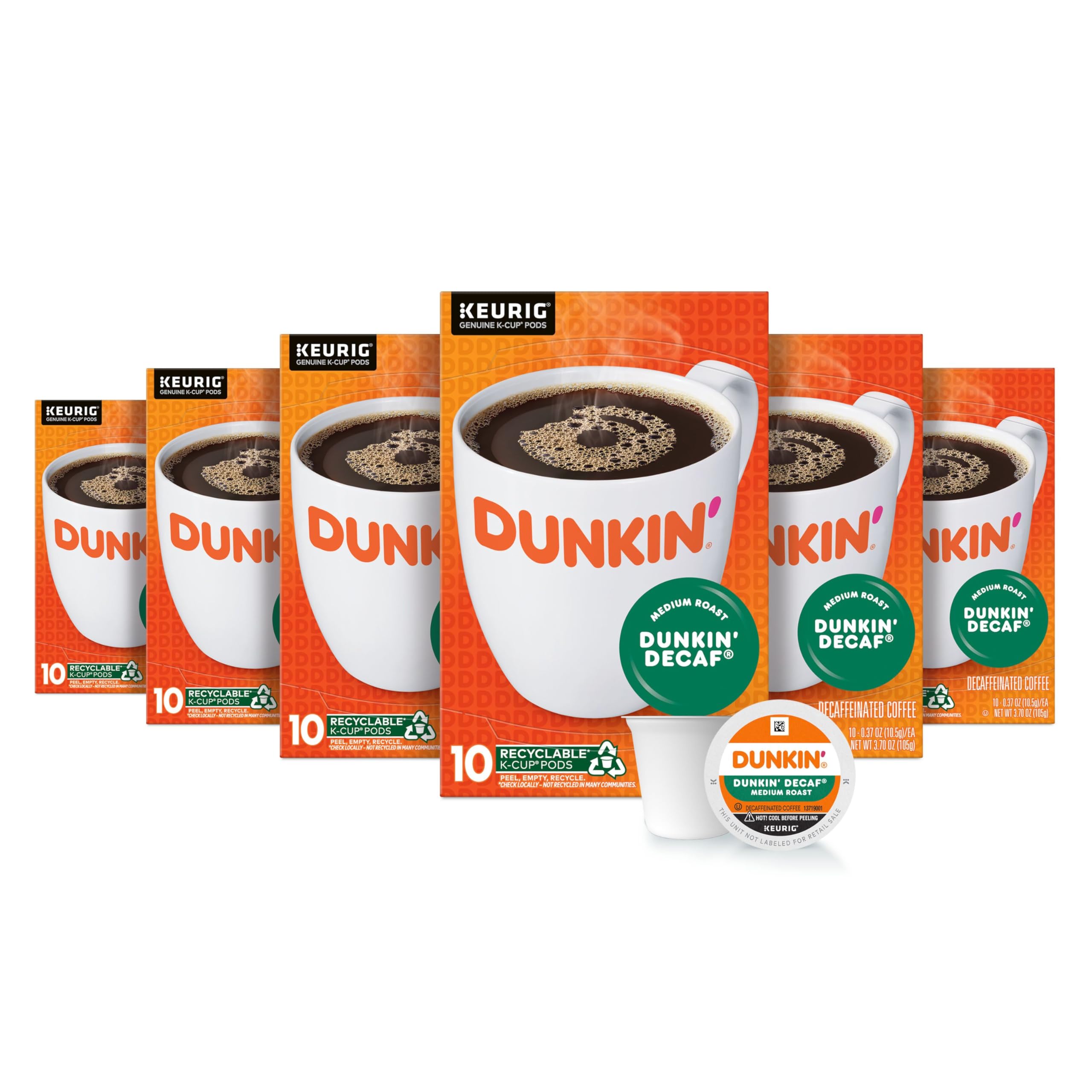 Dunkin Decaf Medium Roast box front with six-box carton for home brewing